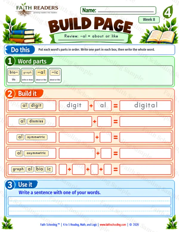 4th Grade phonics worksheet — Word Building & Unscramble. Build 8: Review, -al = about or like