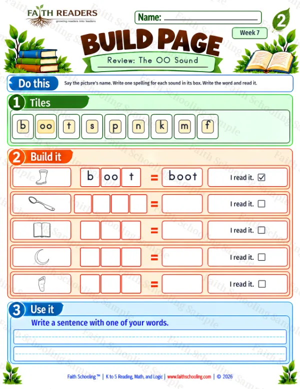 2nd Grade phonics worksheet — The OO Sound. Build 1: boot, spoon, book and moon