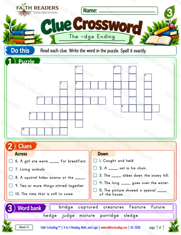 3rd Grade phonics worksheet — Clue Crossword 1: The -dge Ending