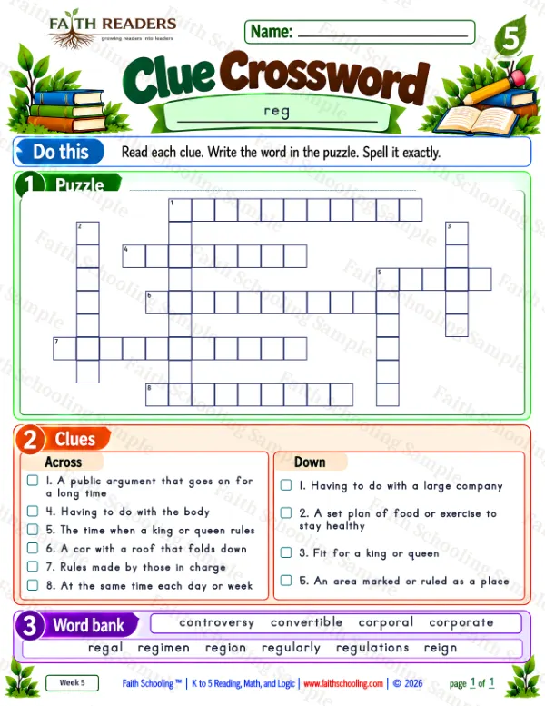 5th Grade phonics worksheet — Word Games & Puzzles. Clue Crossword 5: reg