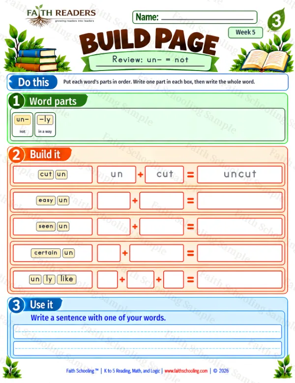 3rd Grade phonics worksheet — Word Building & Unscramble. Build 4: Review, un- = not