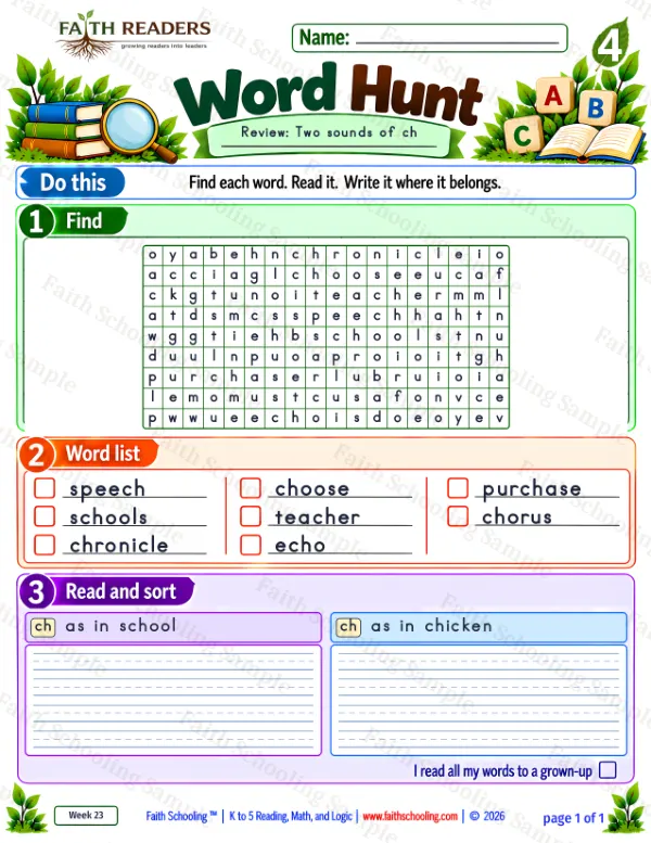 4th Grade phonics worksheet — Word Hunt 2: When CH Says /K/