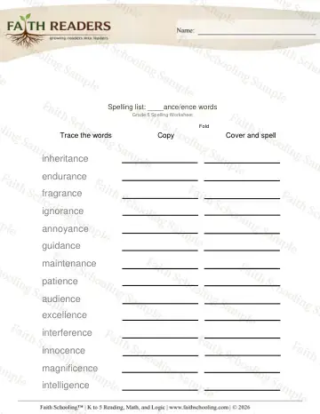 5th Grade phonics worksheet — Spelling List Ance Ence Suffix Words