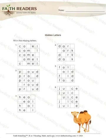 1st Grade phonics worksheet — Hidden Letters (Practice Set 5)