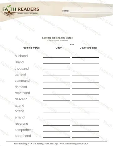 5th Grade phonics worksheet — Spelling List and End Words