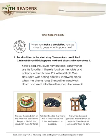Kindergarten Reading Comprehension & Fluency: Predictions — worksheet preview