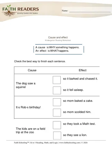 Kindergarten Reading Comprehension & Fluency: Cause And Effect — worksheet preview
