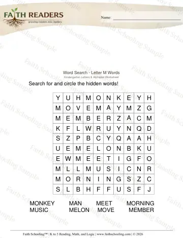 Kindergarten vocabulary & word study worksheet — Word Puzzles. Word Search Letter M