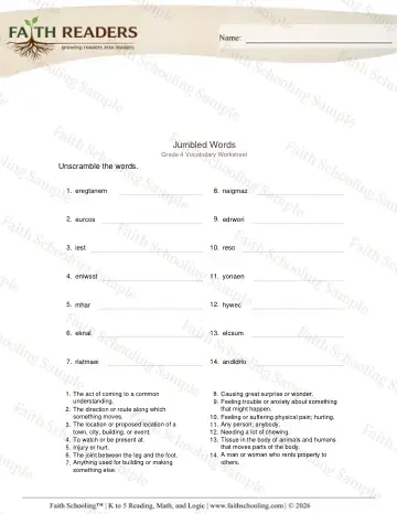 4th Grade phonics worksheet — Word Building & Unscramble. Jumbled Words (Practice Set 4)