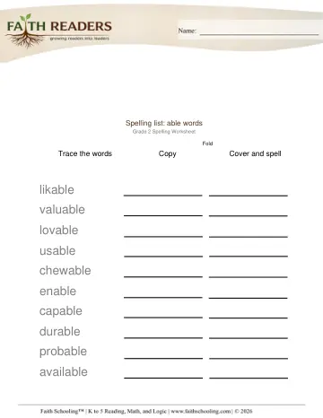 Grade 2 Phonics, Decoding & Spelling Patterns: Spelling Lists — worksheet preview