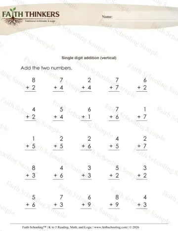 Kindergarten early learning worksheet — Addition Facts and Drills. Addition of Two One-Digit Numbers (Practice Set 6)