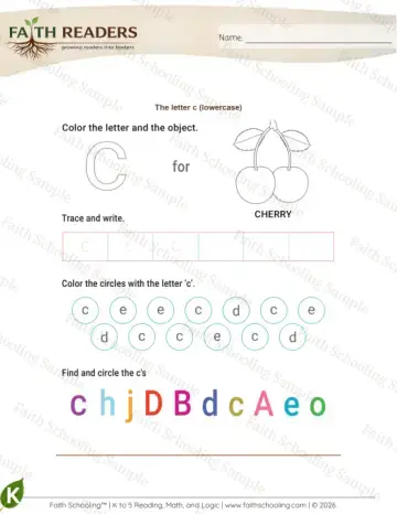 Kindergarten phonics worksheet — Lowercase Letter C (Practice Set 3)