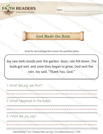 Kindergarten reading comprehension worksheet — Reading Passages. K Comprehension Reading Comprehension 3 God Made the Rain