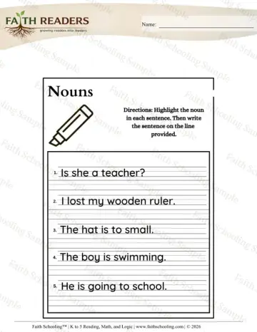 Kindergarten grammar & writing worksheet — Grammar Nouns (Practice Set 4)