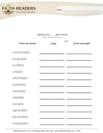Grade 3 Phonics, Decoding & Spelling Patterns: Spelling Lists — worksheet preview
