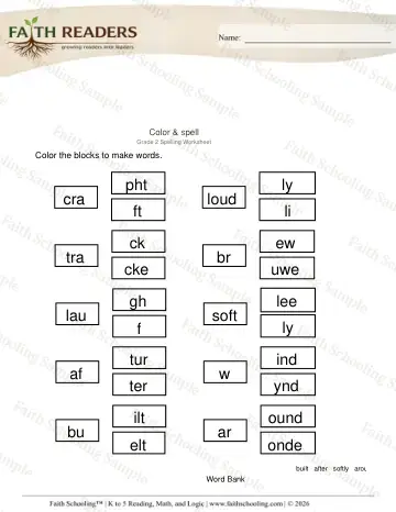 2nd Grade phonics worksheet — Color Spell Words (Practice Set 2)