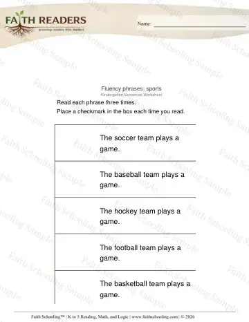 Kindergarten reading comprehension worksheet — Fluency Phrases (Practice Set 8)