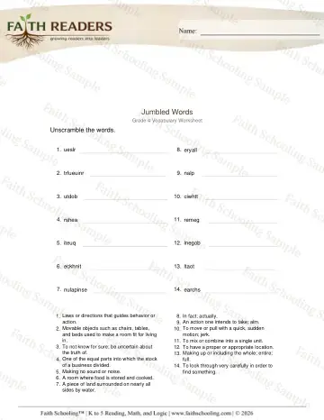 4th Grade phonics worksheet — Word Building & Unscramble. Jumbled Words (Practice Set 5)
