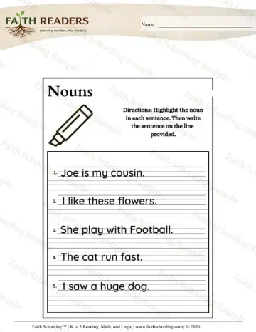 Kindergarten grammar & writing worksheet — Grammar Nouns (Practice Set 3)
