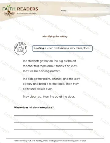 Kindergarten reading comprehension worksheet — Story Elements. Settings (Practice Set 2)