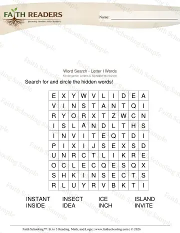 Kindergarten vocabulary & word study worksheet — Word Puzzles. Word Search Letter I