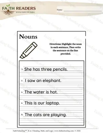 Kindergarten grammar & writing worksheet — Grammar Nouns (Practice Set 5)