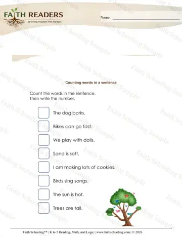 Kindergarten grammar & writing worksheet — Sentences. Counting Words Sentence Kiv (Practice Set 2)