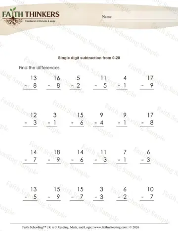 Kindergarten early learning worksheet — Subtraction One-Digit From 6