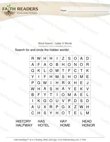 Kindergarten vocabulary & word study worksheet — Word Puzzles. Word Search Letter H