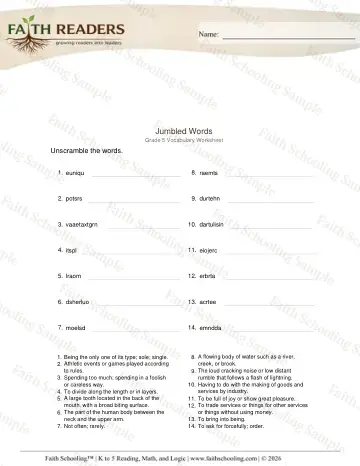 5th Grade phonics worksheet — Word Building & Unscramble. Jumbled Words (Practice Set 6)