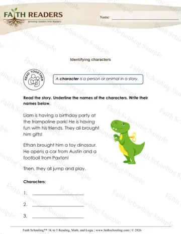 Kindergarten reading comprehension worksheet — Story Elements. Characters (Practice Set 4)