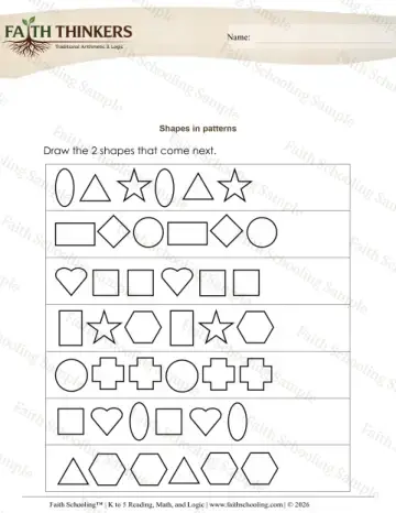 Kindergarten math worksheet — Logic and Patterns. Pattern Shapes (Practice Set 4)