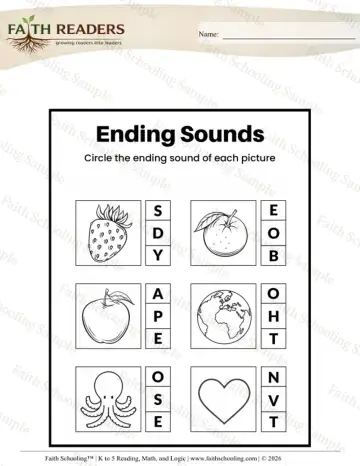 Kindergarten phonics worksheet — Beginning, Middle, and Ending Sounds. Ending Sounds Circle the Letter (Practice Set 2)
