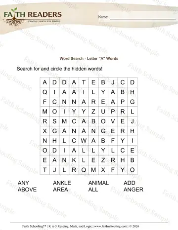 Kindergarten vocabulary & word study worksheet — Word Search Letter a