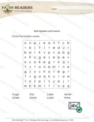 1st Grade phonics worksheet — Spelling Word Search (Practice Set 2)