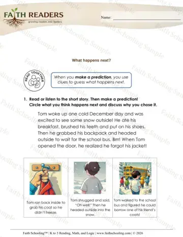 Kindergarten reading comprehension worksheet — Predictions Duh (Practice Set 2)