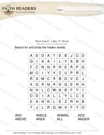 Kindergarten vocabulary & word study worksheet — Word Puzzles. Word Search Letter a