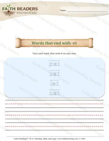 Kindergarten phonics worksheet — Spelling and Encoding. K Phonics Trace Write 7 Words That End With Et