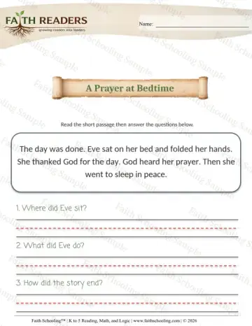 Kindergarten reading comprehension worksheet — Reading Passages. K Comprehension Reading Comprehension 4 a Prayer At Bedtime