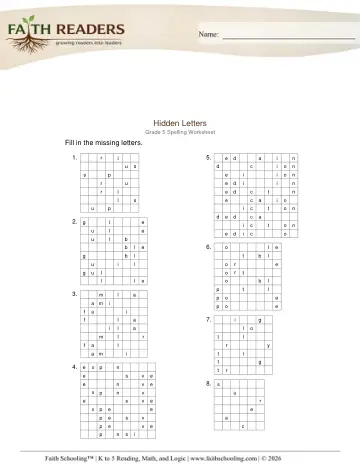 Grade 5 Phonics, Decoding & Spelling Patterns: Missing & Hidden Letters — worksheet preview