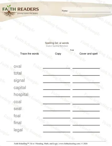 2nd Grade phonics worksheet — Spelling List Al Words