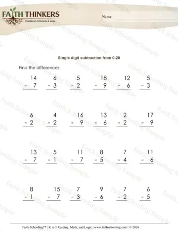 Kindergarten early learning worksheet — Subtraction One-Digit From 5