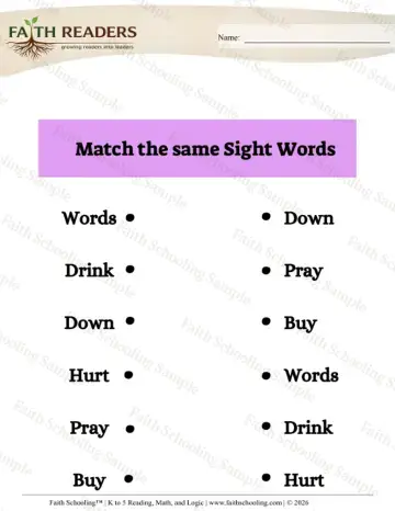 Kindergarten phonics worksheet — Sight Word Matching (Practice Set 3)