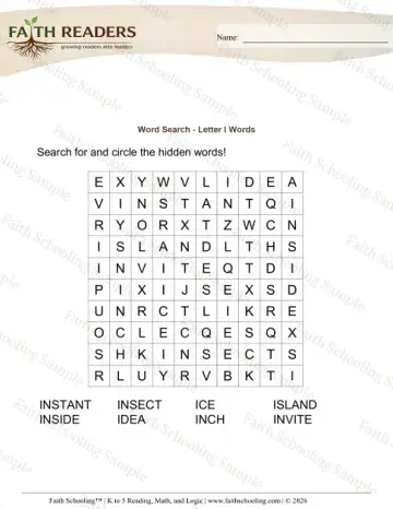 Kindergarten vocabulary & word study worksheet — Word Search Letter I