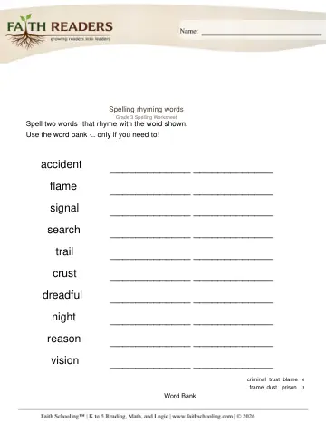 Grade 3 Phonics, Decoding & Spelling Patterns: Rhyming & Word Families — worksheet preview