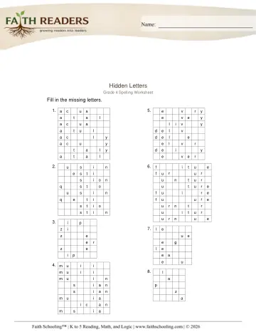 Grade 4 Phonics, Decoding & Spelling Patterns: Missing & Hidden Letters — worksheet preview