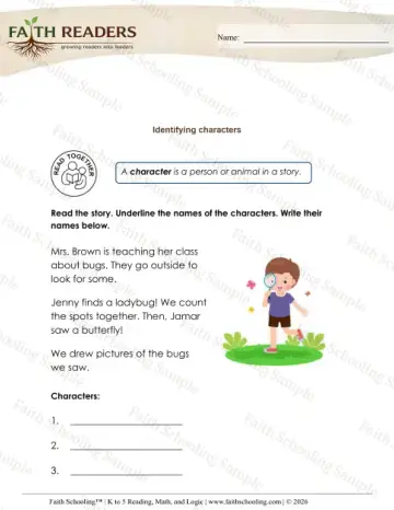Kindergarten reading comprehension worksheet — Story Elements. Characters (Practice Set 2)