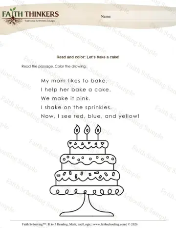 Kindergarten reading comprehension worksheet — Read and Color (Practice Set 4)