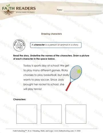 Kindergarten reading comprehension worksheet — Story Elements. Characters (Practice Set 5)