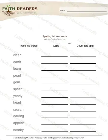 3rd Grade phonics worksheet — Spelling List Ear Words